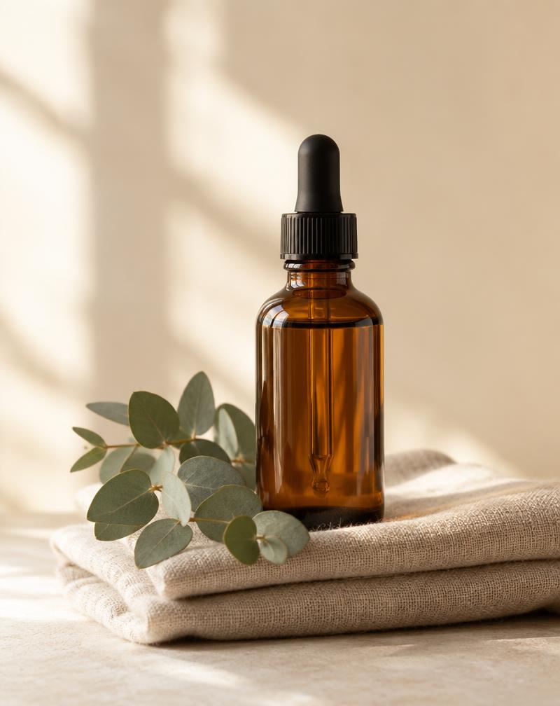 Amber dropper bottle of lymph oil on folded linen with eucalyptus